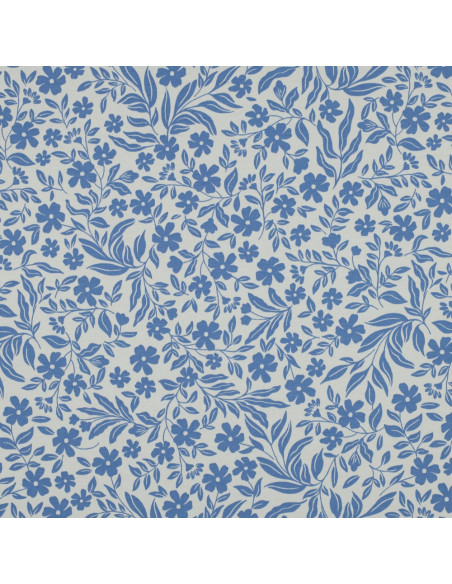 Jersey stof bloemen - Blauw op witte achtergrond