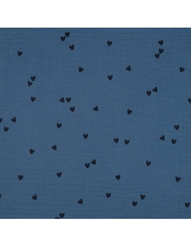 Dubbel gaas stof bedrukt - Zwart hart op blauwe achtergrond