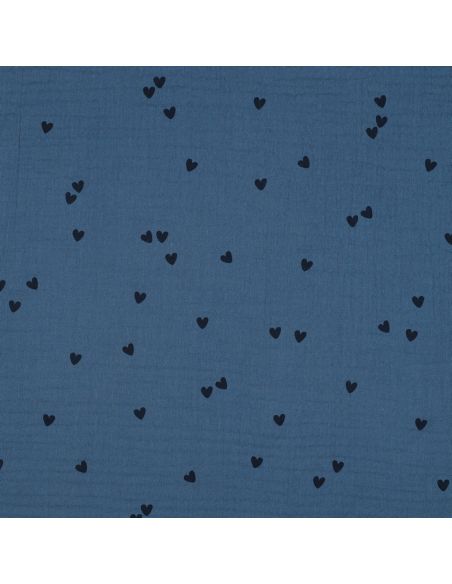 Dubbel gaas stof bedrukt - Zwart hart op blauwe achtergrond