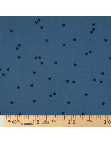 Dubbel gaas stof bedrukt - Zwart hart op blauwe achtergrond