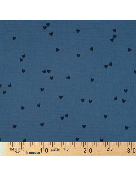 Dubbel gaas stof bedrukt - Zwart hart op blauwe achtergrond