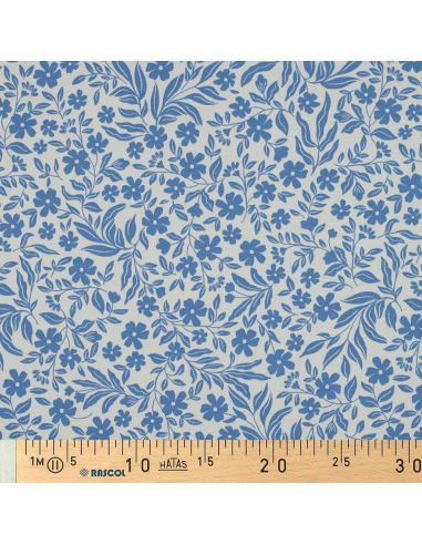Jersey stof bloemen - Blauw op witte achtergrond