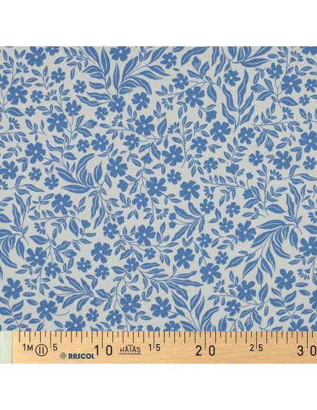 Jersey stof bloemen - Blauw op witte achtergrond