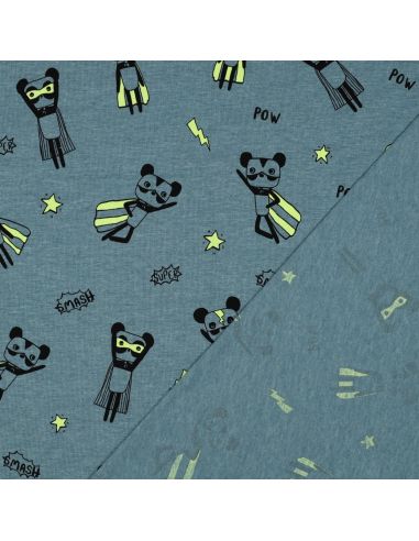 Gemêleerd jersey stof - Gele superhelden op blauwe achtergrond