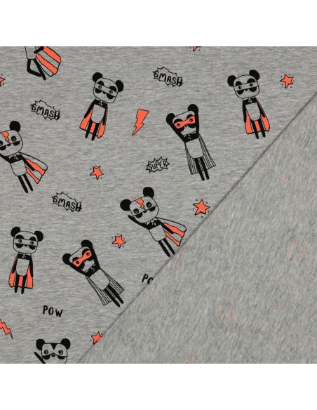 Gemêleerde jersey stof - Superhelden oranje op grijze achtergrond