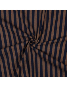 Katoenen popeline stof - Brede strepen - Bruin en marineblauw