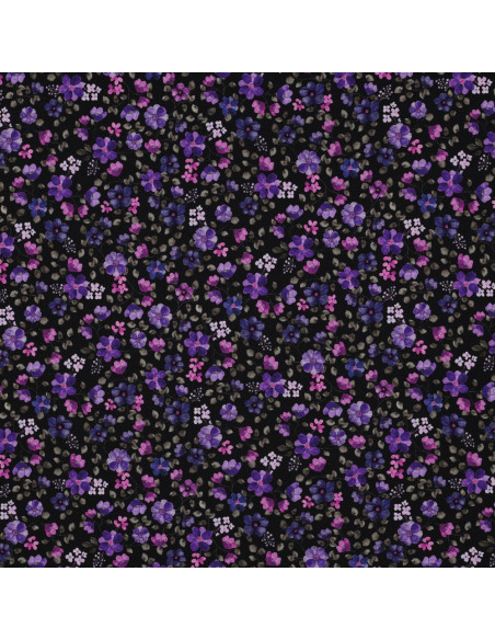 Jersey stof Anna - Paarse bloemen op een marineblauwe achtergrond