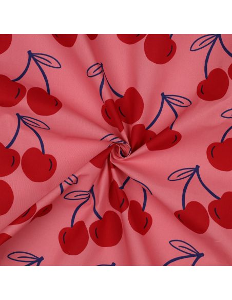 Waterafstotende katoenen stof met grote kersen - Roze