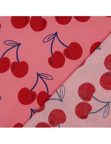 Waterafstotende katoenen stof met grote kersen - Roze