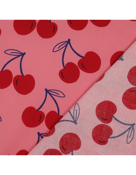 Waterafstotende katoenen stof met grote kersen - Roze