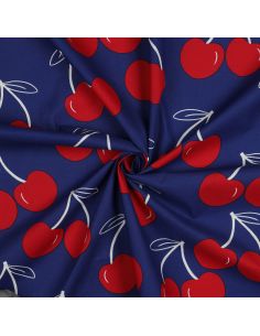 Waterafstotende katoenen stof met grote kersen - Blauw