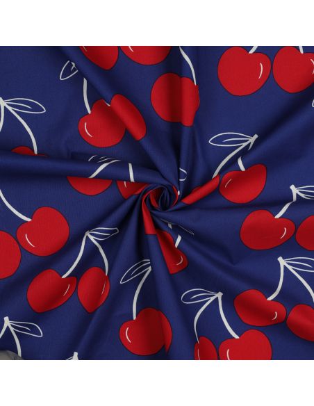 Waterafstotende katoenen stof met grote kersen - Blauw