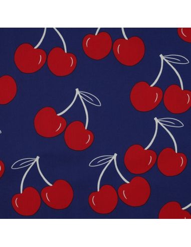 Waterafstotende katoenen stof met grote kersen - Blauw