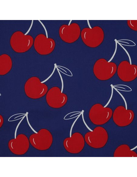 Waterafstotende katoenen stof met grote kersen - Blauw