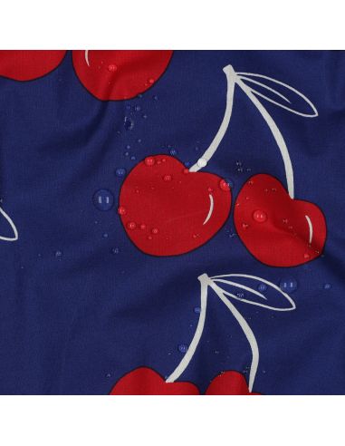 Waterafstotende katoenen stof met grote kersen - Blauw
