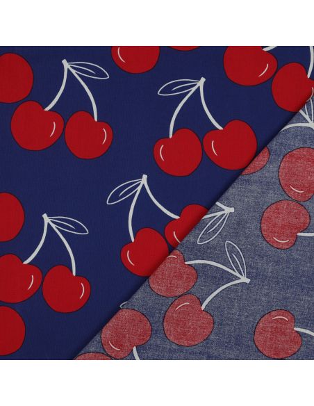 Waterafstotende katoenen stof met grote kersen - Blauw