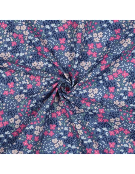Waterafstotende katoenen stof met kleine bloemen - Jeansblauwe achtergrond