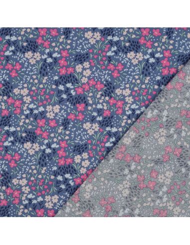 Waterafstotende katoenen stof met kleine bloemen - Jeansblauwe achtergrond