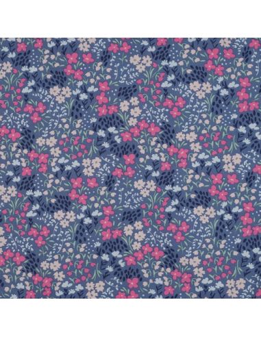 Waterafstotende katoenen stof met kleine bloemen - Jeansblauwe achtergrond
