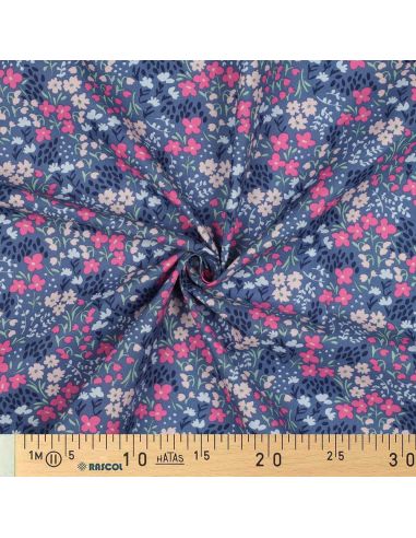 Waterafstotende katoenen stof met kleine bloemen - Jeansblauwe achtergrond