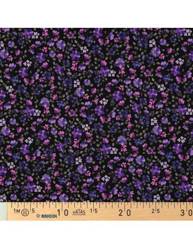 Jersey stof Anna - Paarse bloemen op een marineblauwe achtergrond