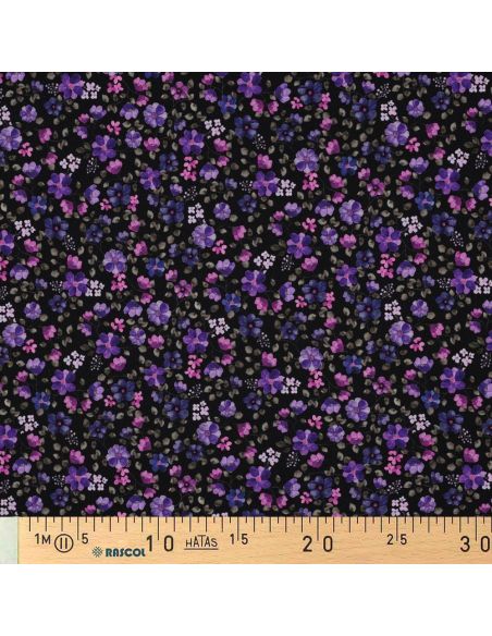 Jersey stof Anna - Paarse bloemen op een marineblauwe achtergrond