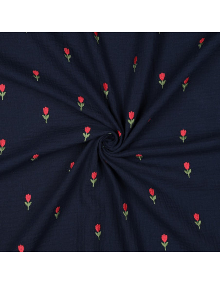 Dubbel gaas borduurstof tulpen - Marineblauw