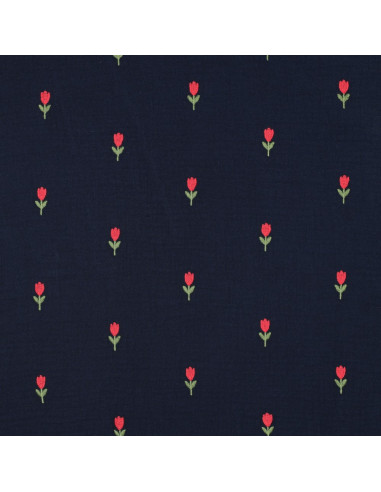 Dubbel gaas borduurstof tulpen - Marineblauw