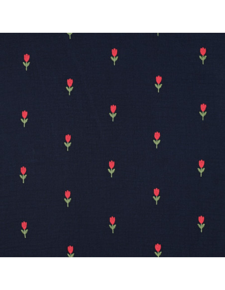 Dubbel gaas borduurstof tulpen - Marineblauw