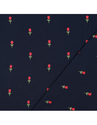 Dubbel gaas borduurstof tulpen - Marineblauw