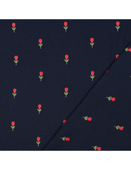 Dubbel gaas borduurstof tulpen - Marineblauw