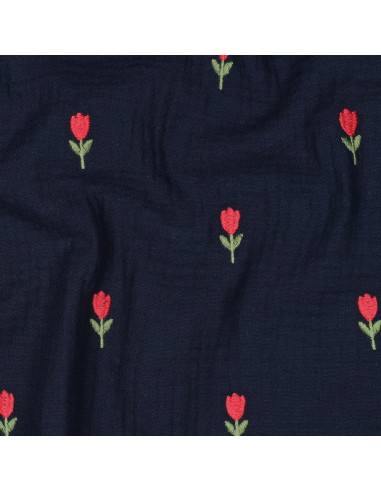Dubbel gaas borduurstof tulpen - Marineblauw