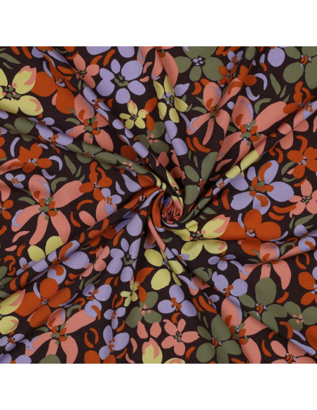 Viscose stof met opvallende bloemen - Donkerbruin