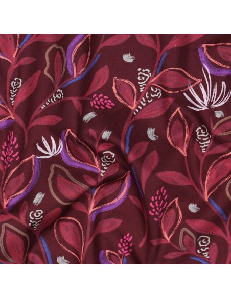 Katoenen popeline stof bloemen en bladeren - Bordeaux