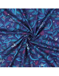 Katoenen popeline stof bloemen en bladeren - Blauw