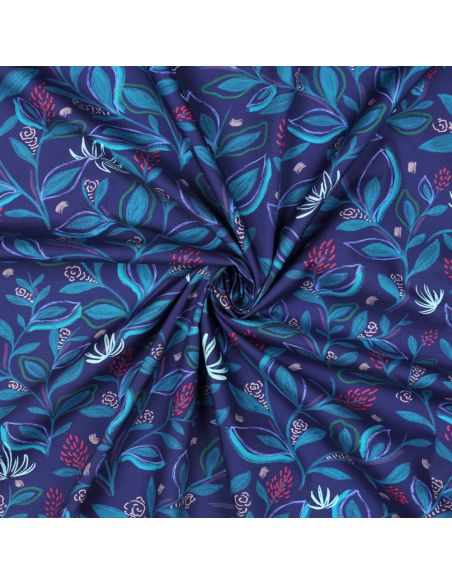 Katoenen popeline stof bloemen en bladeren - Blauw