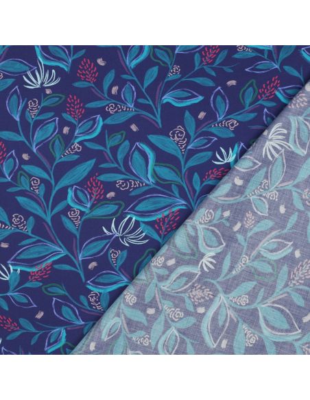 Katoenen popeline stof bloemen en bladeren - Blauw