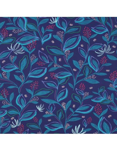 Katoenen popeline stof bloemen en bladeren - Blauw