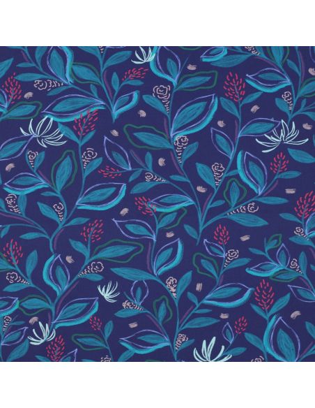 Katoenen popeline stof bloemen en bladeren - Blauw