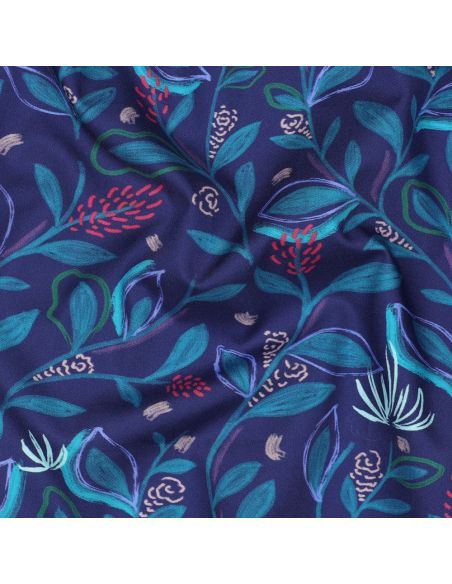 Katoenen popeline stof bloemen en bladeren - Blauw