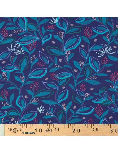 Katoenen popeline stof bloemen en bladeren - Blauw
