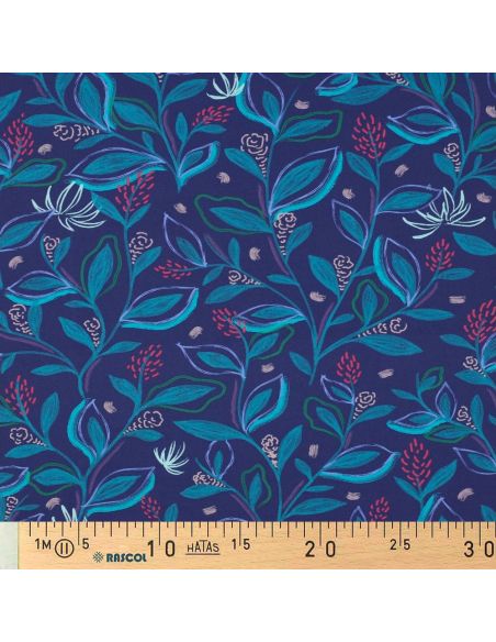 Katoenen popeline stof bloemen en bladeren - Blauw