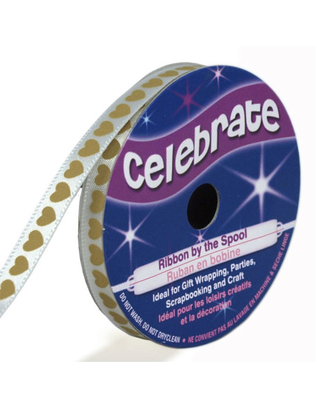 Wit satijnen lint Celebrate bedrukt met gouden harten - 6 mm x 4 meter
