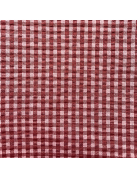 Seersucker stof met ruitjes - Bordeaux en theeroze