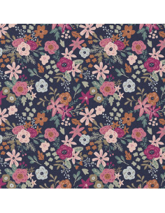 Katoenen popeline stof - Olga marineblauw en roze 2