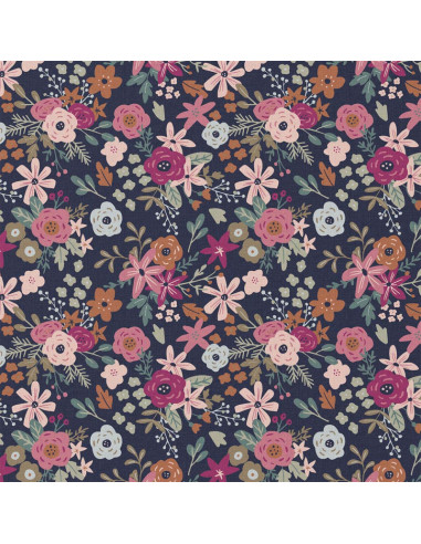 Katoenen popeline stof - Olga marineblauw en roze