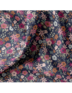 Katoenen popeline stof - Olga marineblauw en roze