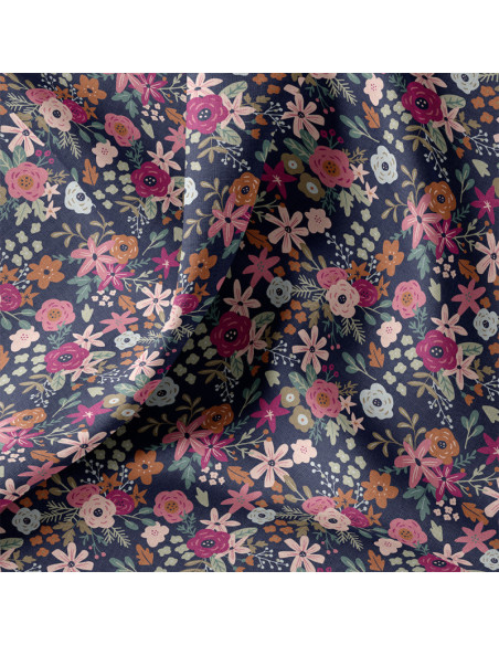 Katoenen popeline stof - Olga marineblauw en roze
