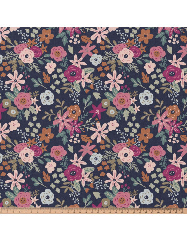 Katoenen popeline stof - Olga marineblauw en roze