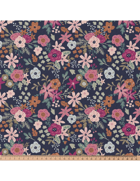 Katoenen popeline stof - Olga marineblauw en roze